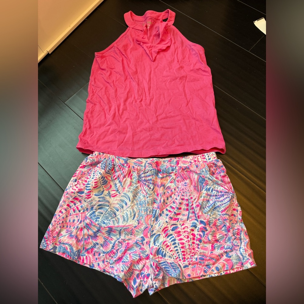 Lilly Pulitzer girls XL Pink Top and Colorful Patterned Shorts outfit set bundle